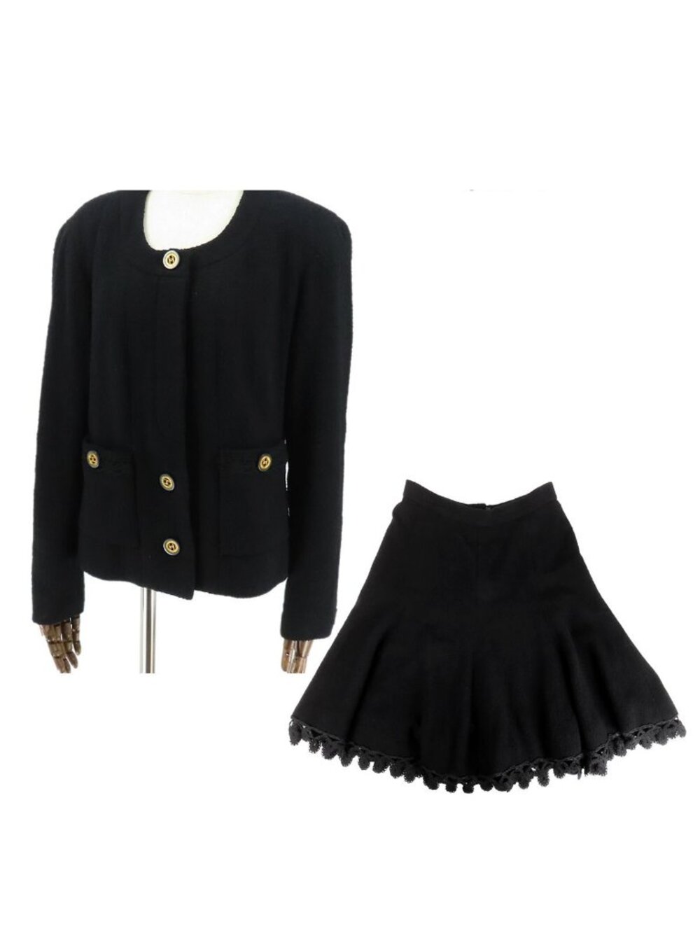 Chanel Tweed Jacket Skirt 20924/20923 Black Wool Collarless A-Line Set 42
